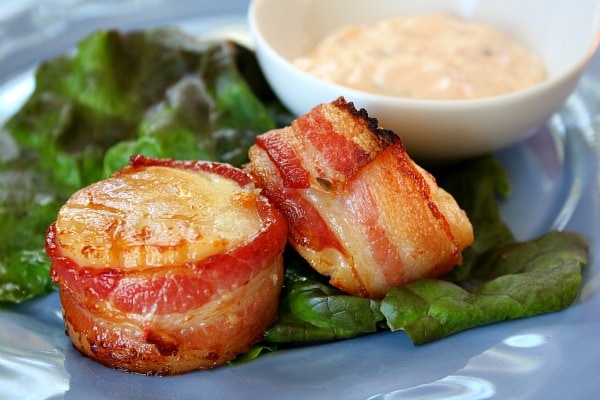 Bacon Wrapped Scallops with Chipotle Olive Oil Mayo