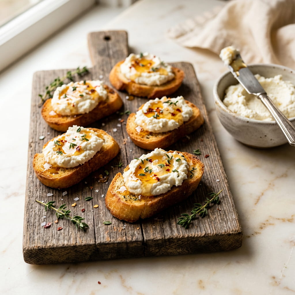 Hot Honey Whipped Ricotta Crostini