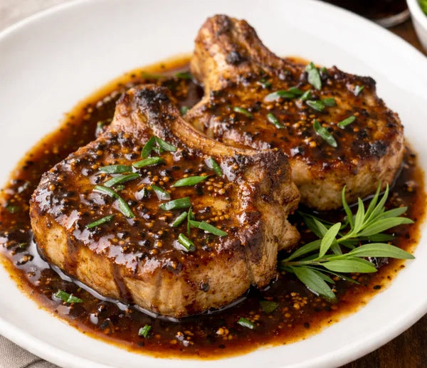 Pork Chops w/ Tarragon Mustard & Black Cherry Balsamic