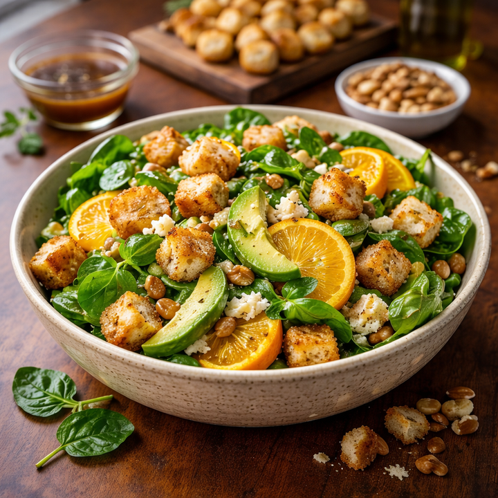 Spinach, Orange & Goat Cheese Salad with a Sweet and Spicy Balsamic Dressing