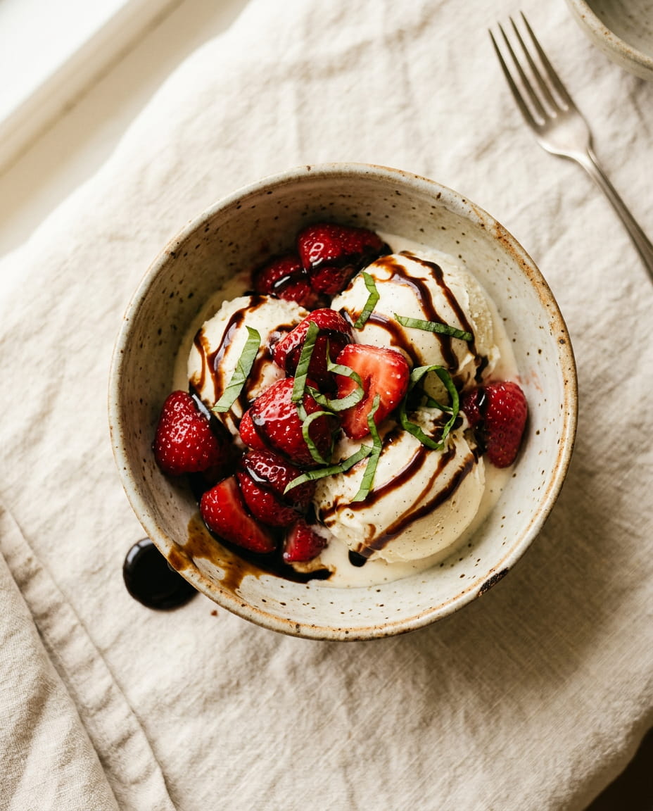 Espresso Balsamic Strawberries Over Ice Cream