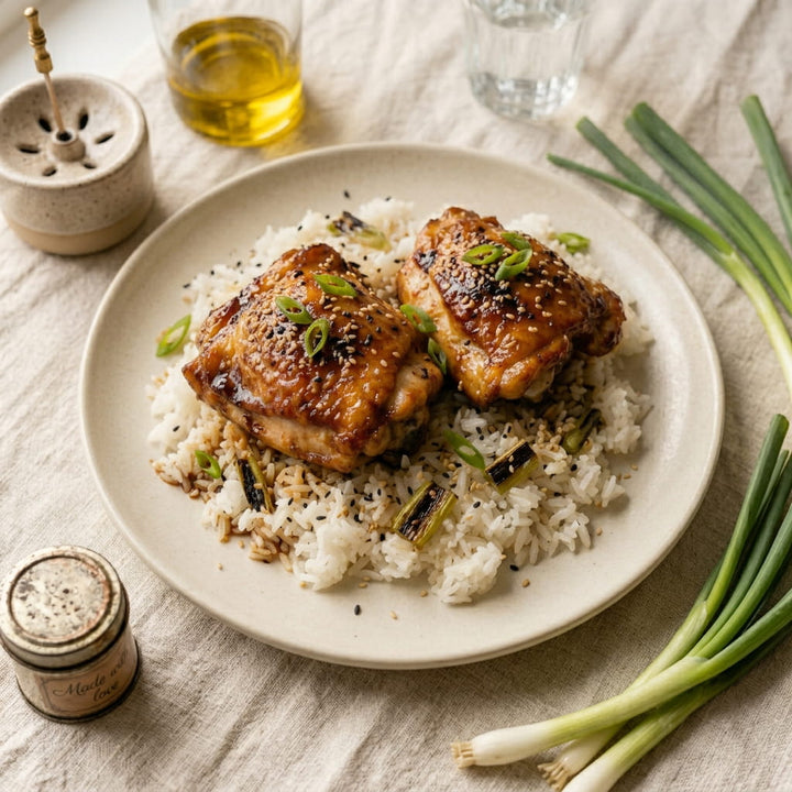 Ginger Black Garlic Chicken with Charred Scallion Rice