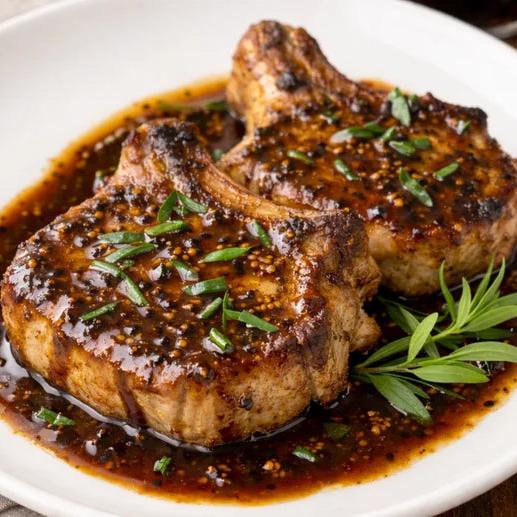 Pork Chops w/ Tarragon Mustard & Black Cherry Balsamic