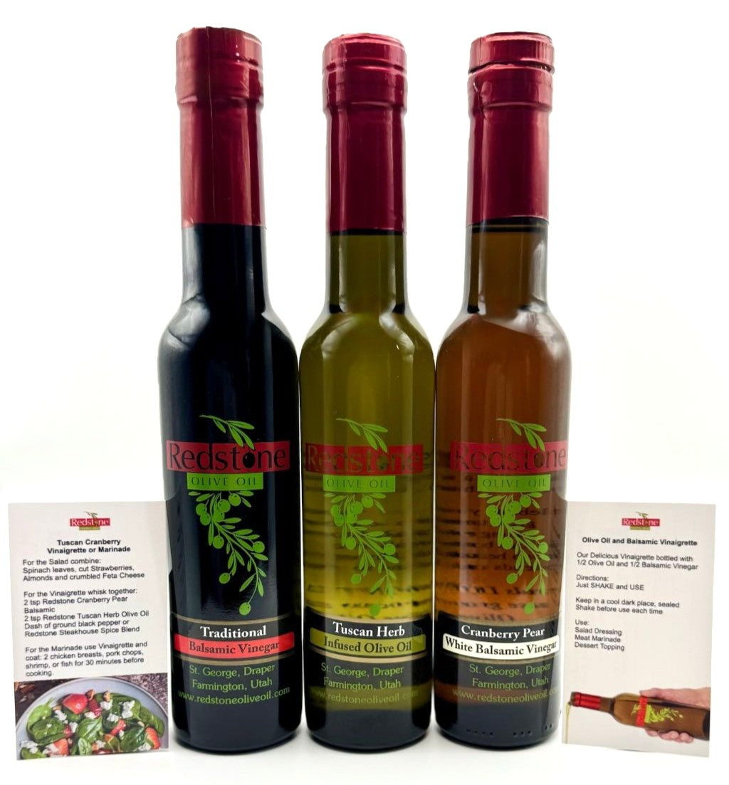 Deluxe Gift Set of 3 - Tuscan Herb Olive Oil, Cranberry Vinegar, & Traditional Vinegar