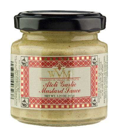 Jar of Aioli Garlic Mustard Sauce with a decorative label on a white background