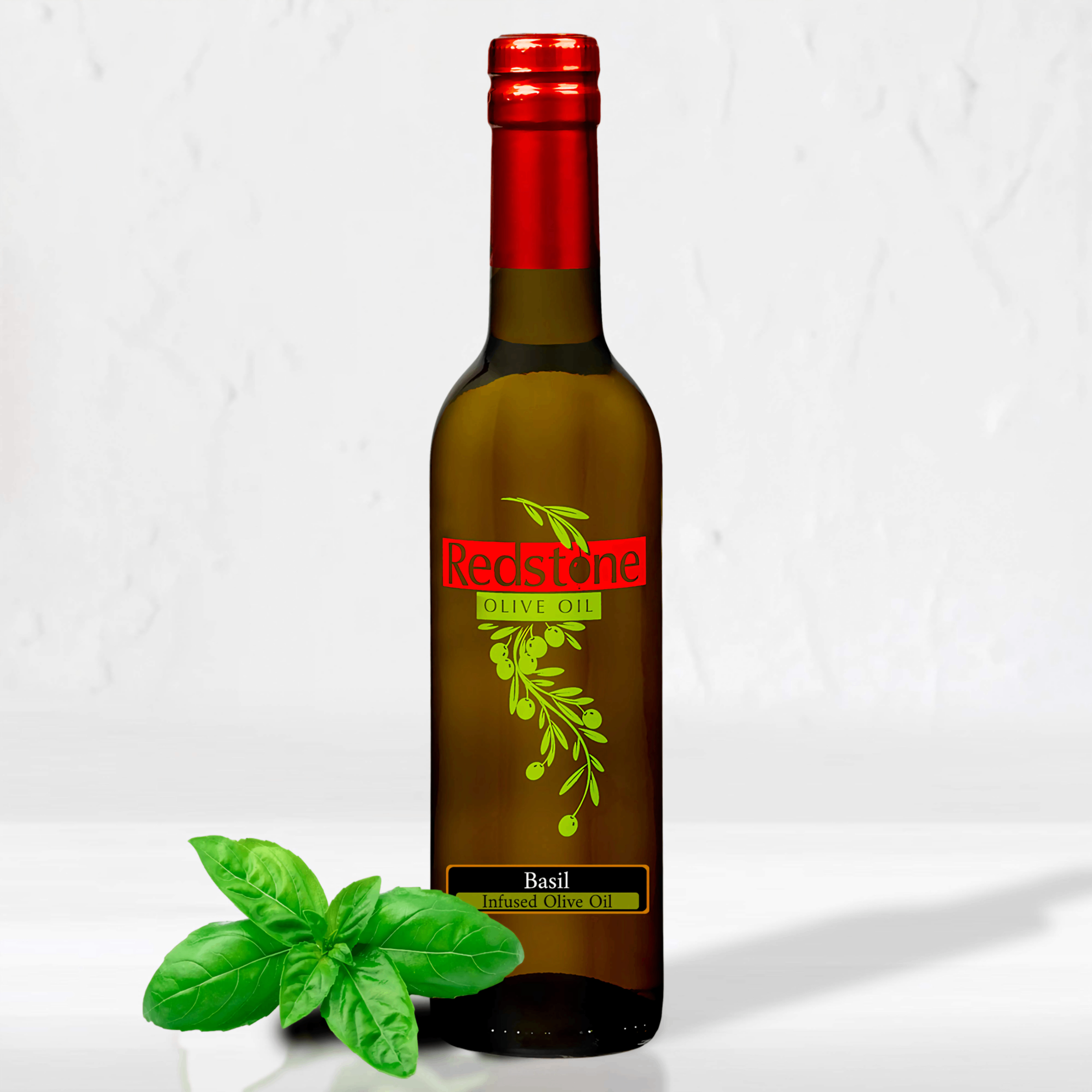 Close-up of a Basil Infused Olive Oil bottle garnished with basil leaves