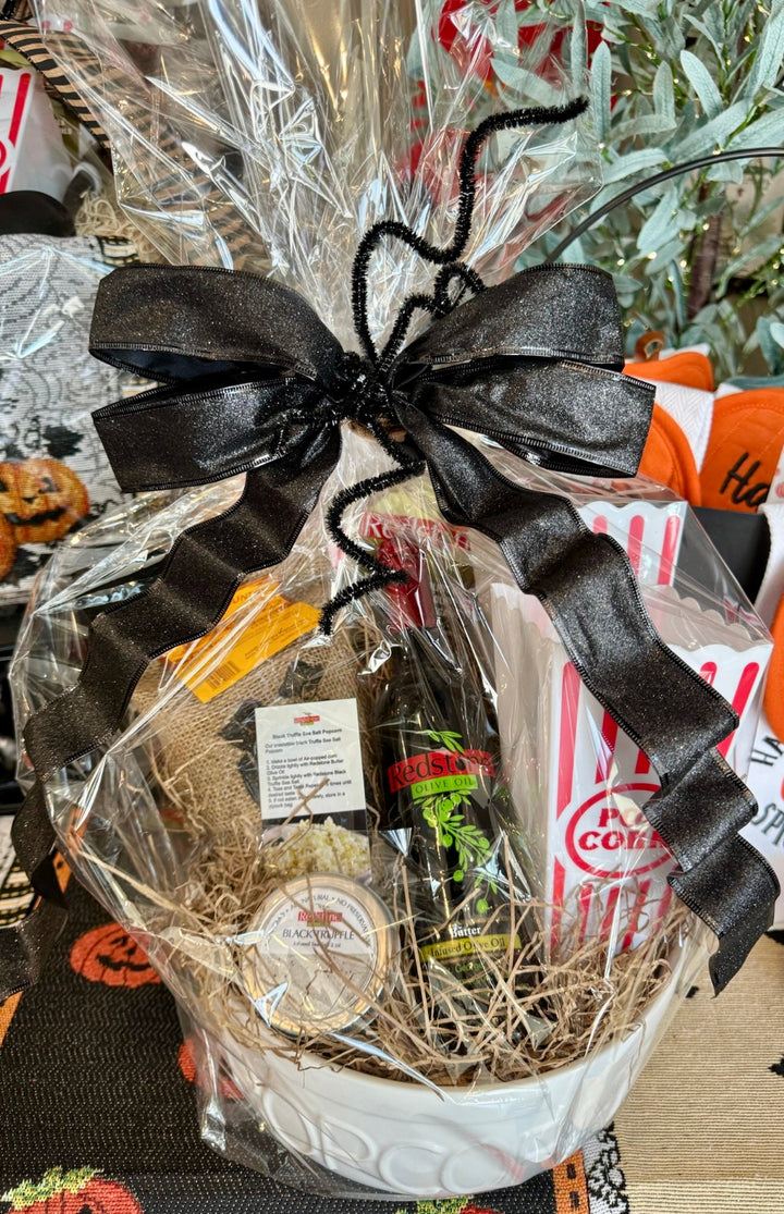 Black Truffle Sea Salt Popcorn Gift Set with each item and a bowl and bow