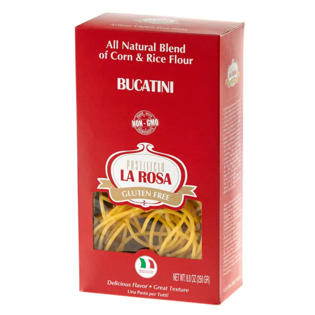 Box of gluten free bucatini pasta made from corn and rice flour with visible pasta window
