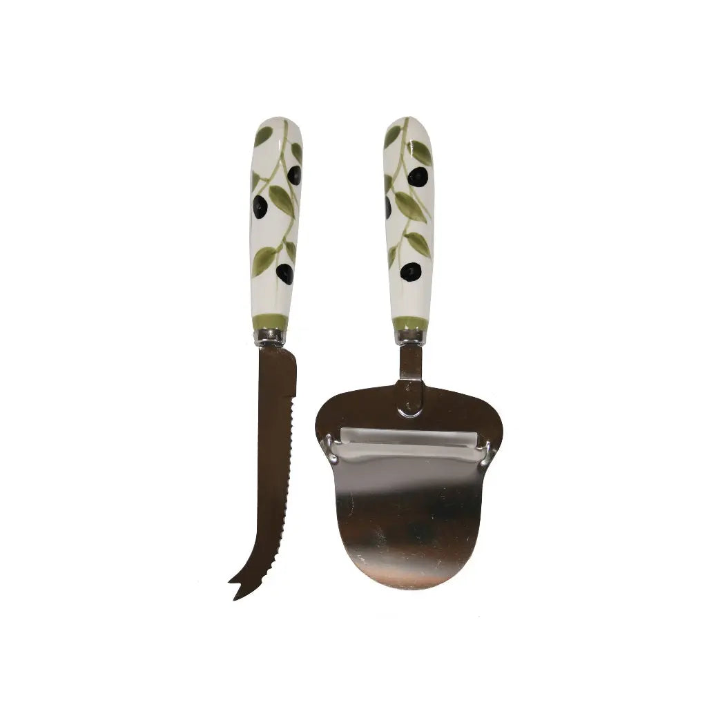 Cheese knife and slicer set with olive branch patterned handles on white background