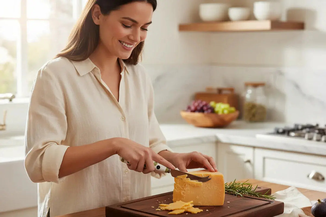 Woman slicing cheese with olive branch handle cheese knife in bright kitchen