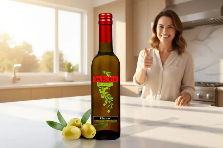Extra virgin olive oil bottle on kitchen counter with olives, smiling woman giving thumbs up in background.