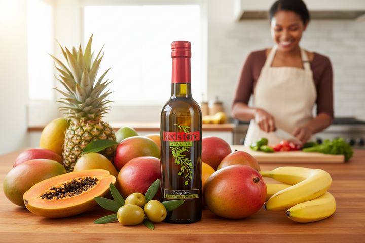 Chiquitita Olive Oil in bright kitchen with fruit