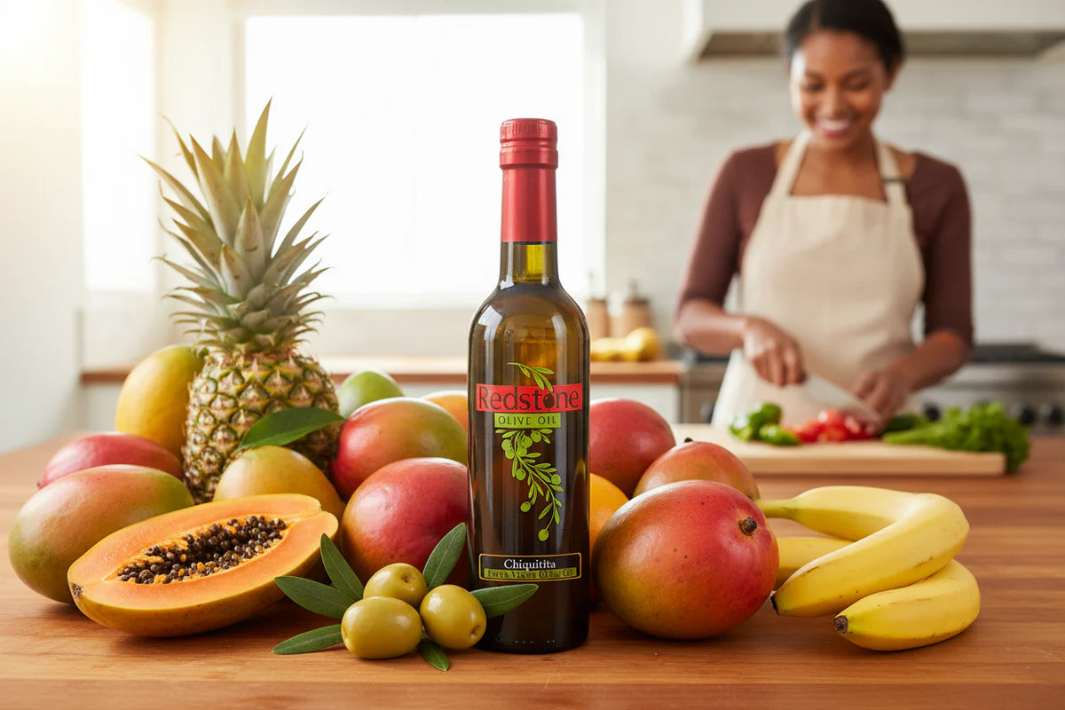 Chiquitita Olive Oil in bright kitchen with fruit