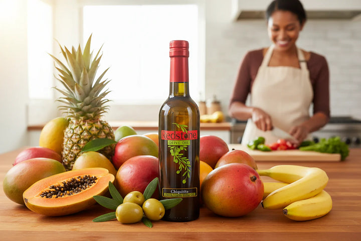 Chiquitita Olive Oil in bright kitchen with fruit
