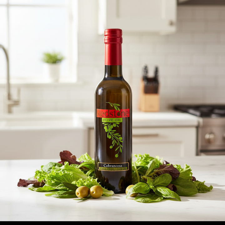 Corbrancosa olive oil in kitchen with salad greens