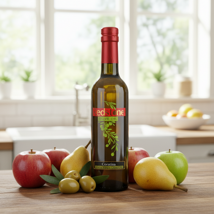 Coratina IOO510 D M25 Extra Virgin Olive Oil in Kitchen with apples and pears