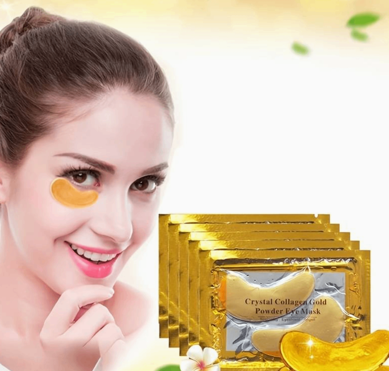 Woman using 24k Gold Collagen Eye Treatment and smiling