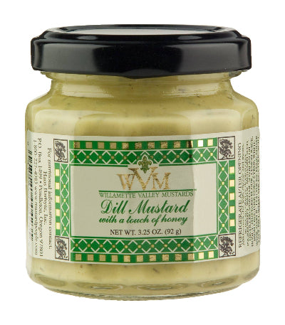 Glass jar of Willamette Valley Mustards dill mustard with green label, 3.25 oz size
