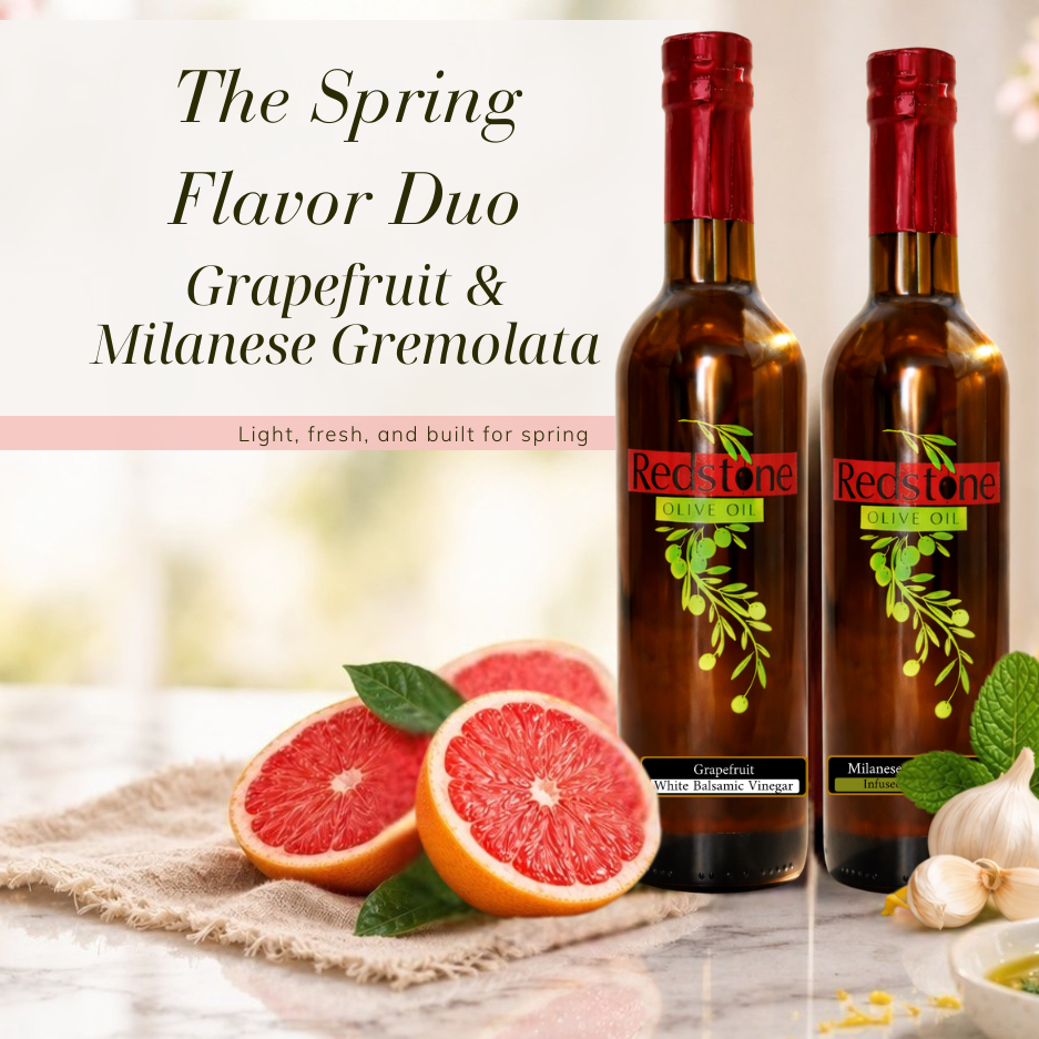 Two bottles one of Olive Oil and One of Balsamic