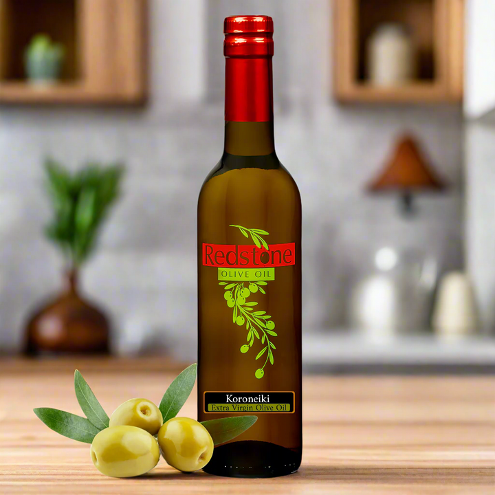 Estate Reserve Extra Virgin Olive Oil bottle in bright kitchen