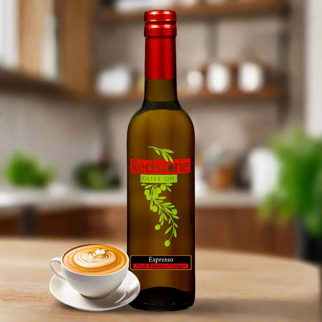 Redstone Espresso Balsamic Vinegar bottle on a kitchen counter styled with coffee beans