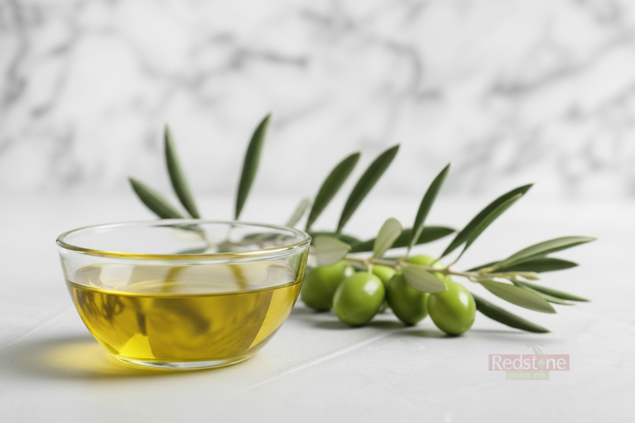 Glass bowl of olive oil with green olives and olive branch on a light background