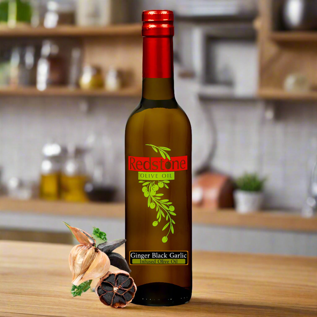 Ginger Black Garlic Olive Oil on Kitchen counter with roasted garlic
