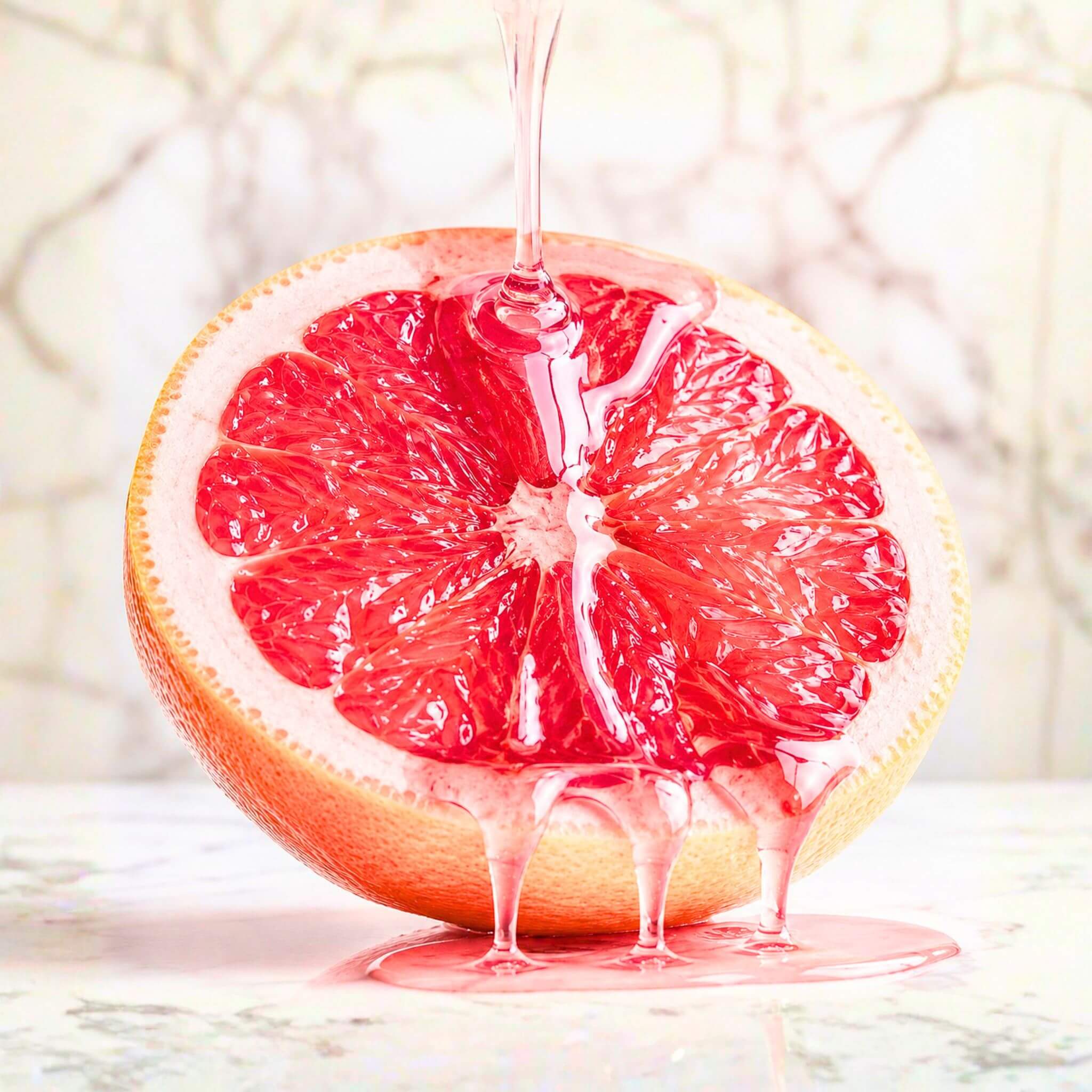 Grapefruit white balsamic vinegar poured over a halved ruby red grapefruit on marble surface