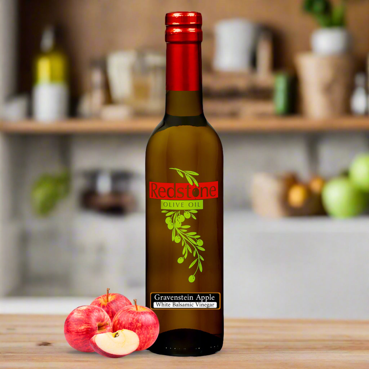 Gravenstein Apple White Balsamic Vinegar bottle displayed on a wooden table