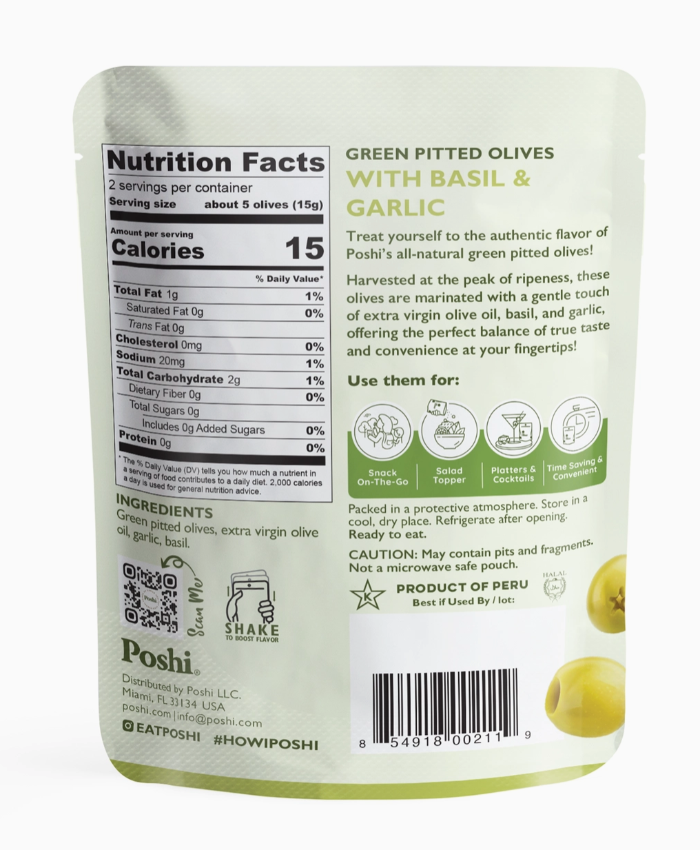 Green Olives with basil and garlic pouch back with nutrition label