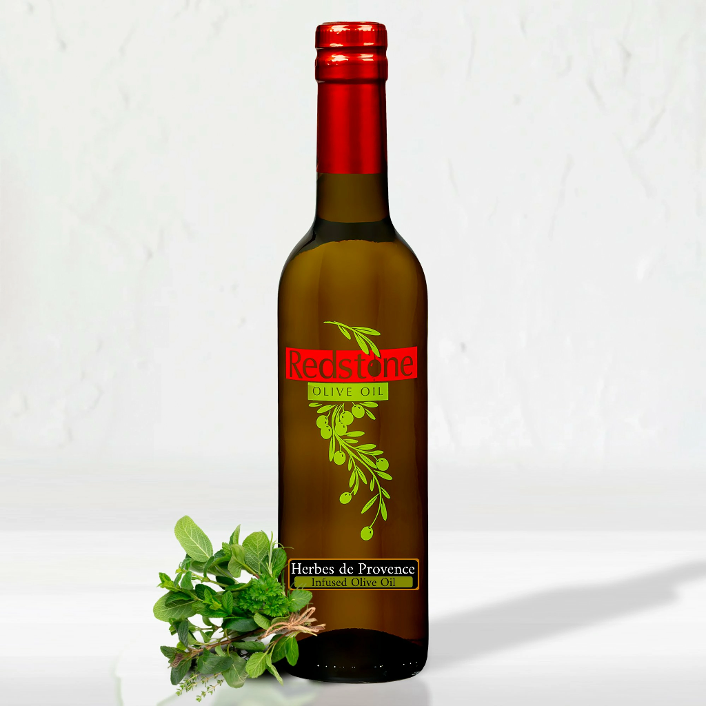 Olive oil bottle infused with Herbes de Provence and adorned with a leaf