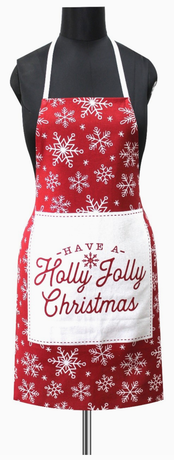 Holiday Kitchen Aprons Holly Jolly Christmas with Snowflakes