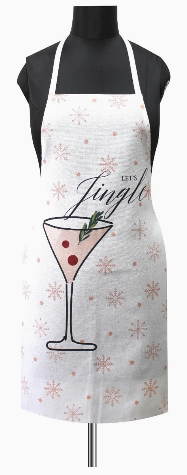 Holiday Kitchen Apron Let's Jingle with drink and snowflakes