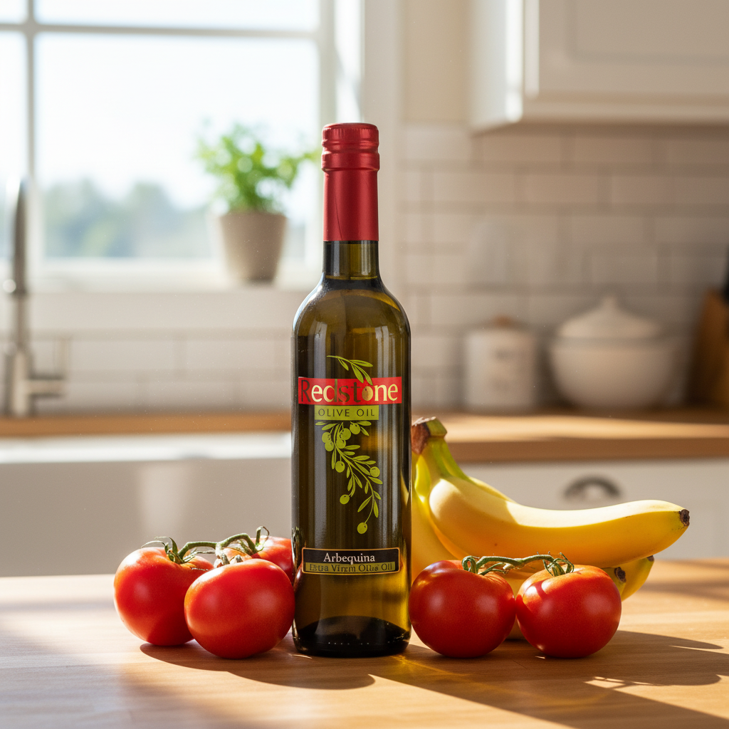 Arbequina Olive Oil in Kitchen with tomatoes and bananas
