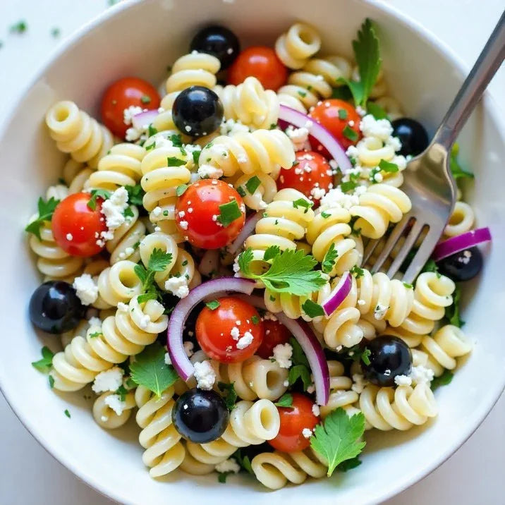 Pasta salad with tomatoes, olives, and onions in a white bowl