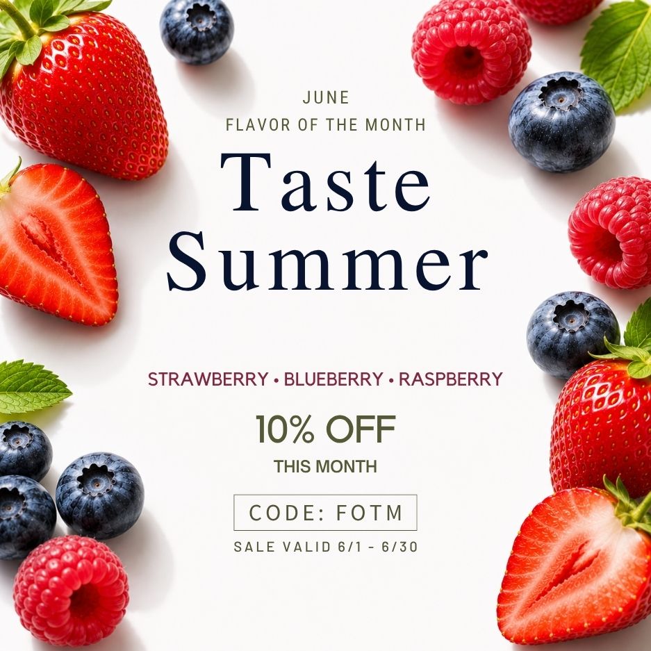 Promotional graphic for 'Taste Summer' with strawberries, blueberries, and raspberries on a white background.