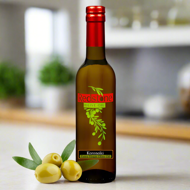 Bottle of Koroneiki Mild Extra Virgin olive oil on the kitchen counter