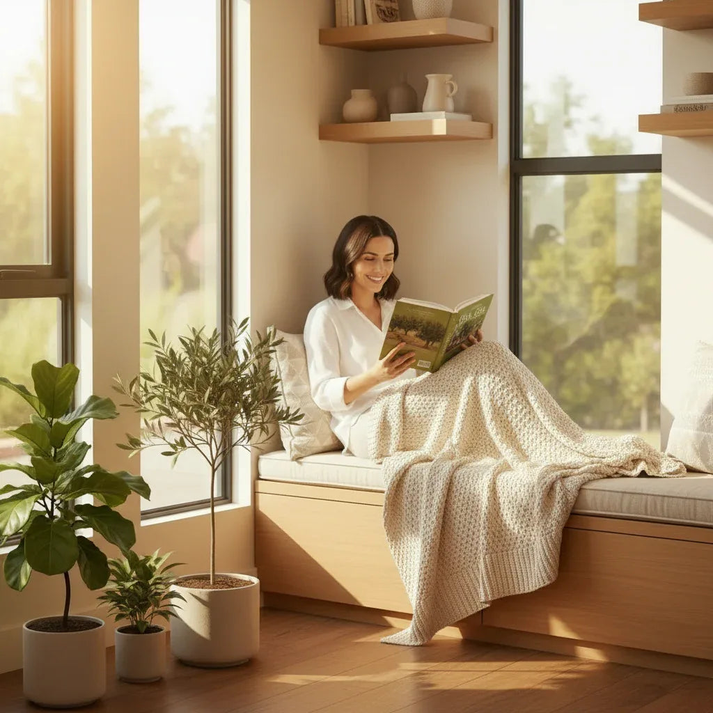 Woman reading a book on a cozy window seat with plants around
