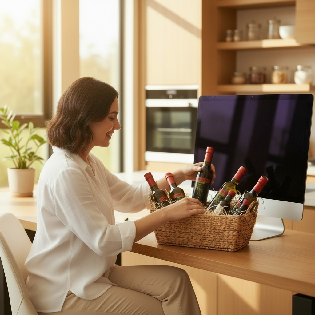 Woman arranging wine bottles in a basket at a desk with a computer monitor.