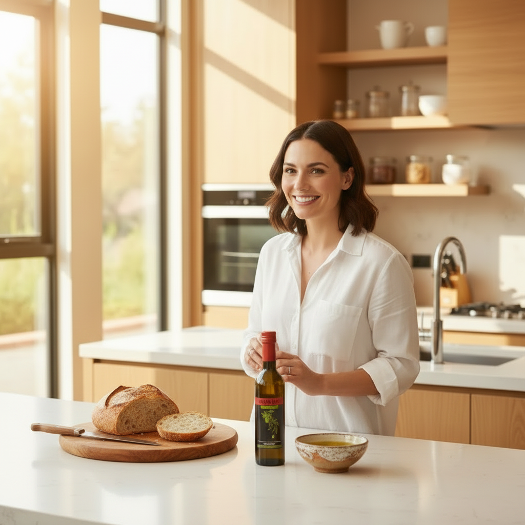 Woman holding a bottle of wine in a modern kitchen