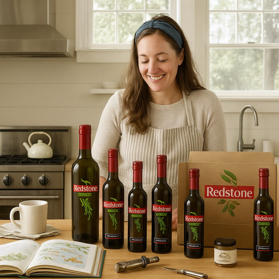 Woman in a kitchen with Redstone wine bottles and a box.