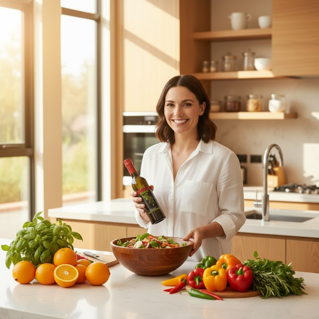 Woman in a kitchen holding a bottle of olive oil with a salad and fruits on the counter.