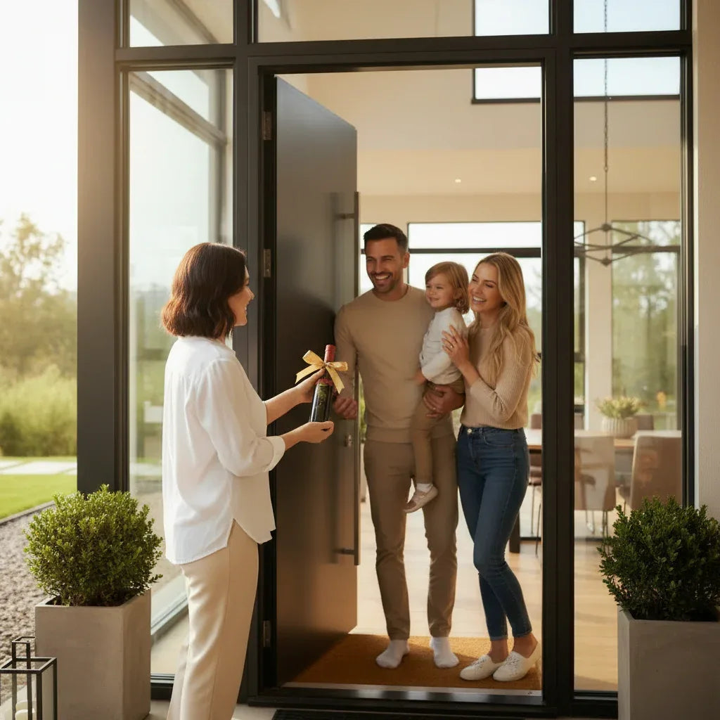 Family greeting a guest at the front door of a modern home