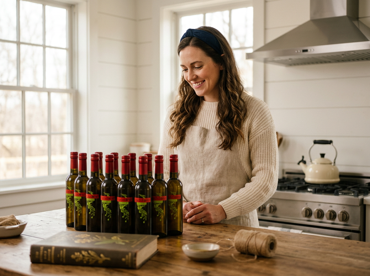 Woman in a farmhouse kitchen smiling at a row of Redstone extra virgin olive oil bottles on a wooden counter.