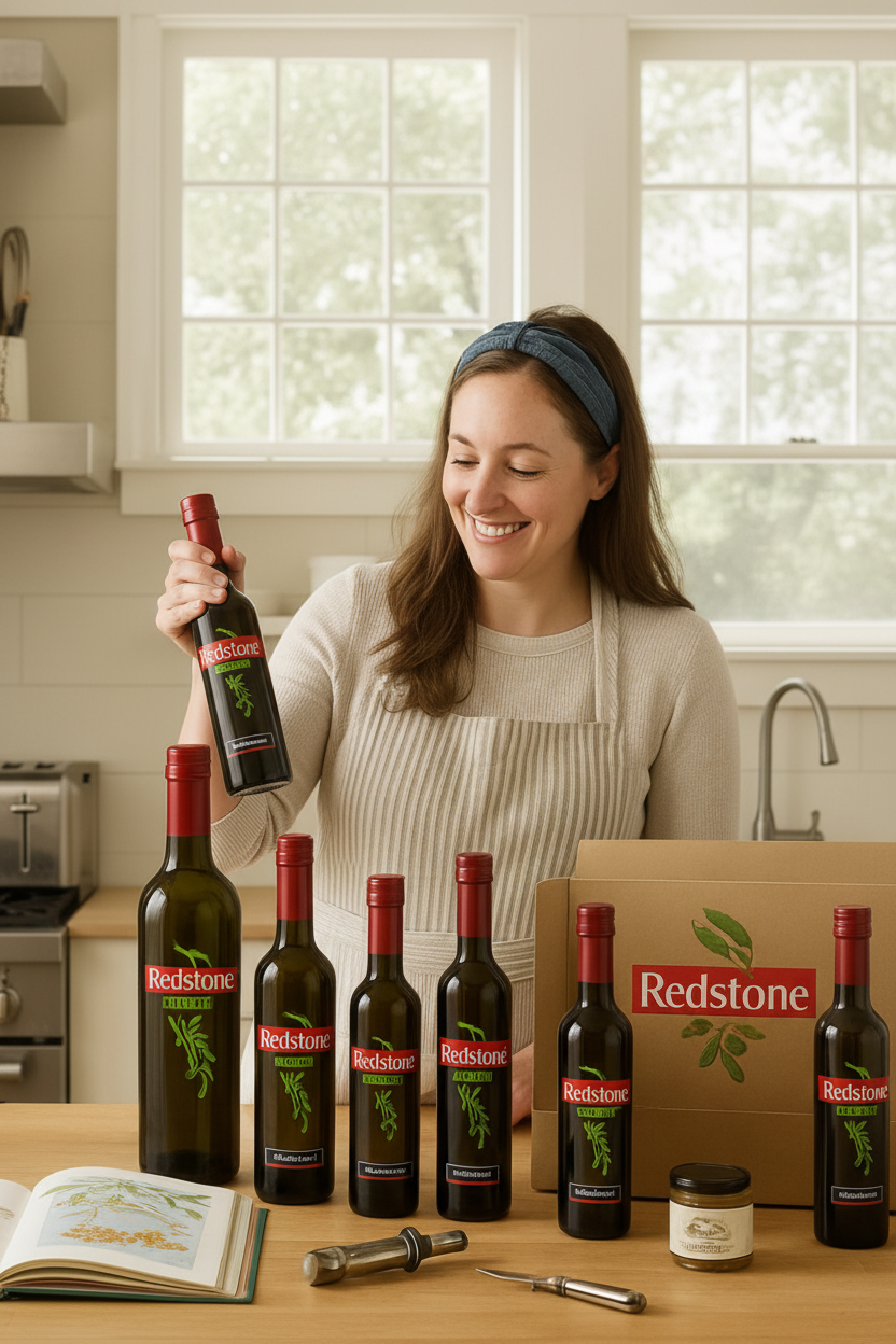 Woman in a kitchen with Redstone wine bottles and a box.