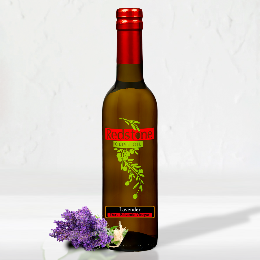 bottle of Lavender balsamic vinegar with a sprig of lavender