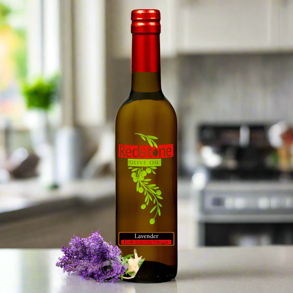 bottle of lavender balsamic vinegar on the counter in a kitchen