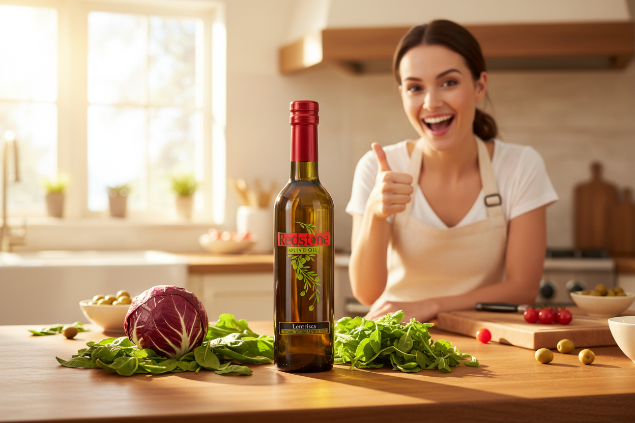 Lentrisca Olive Oil in kitchen with lady