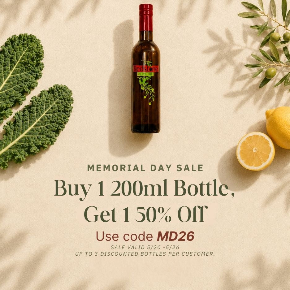 Bottle with promotional text for Memorial Day sale on a beige background with leaves and lemons.