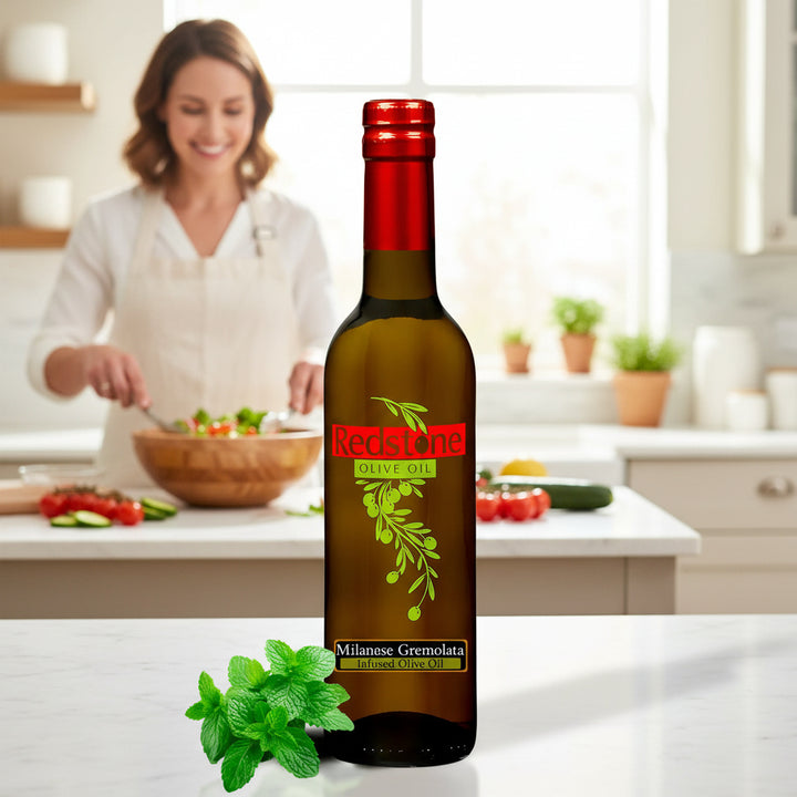 milanese olive oll in sunny kitchen with salad